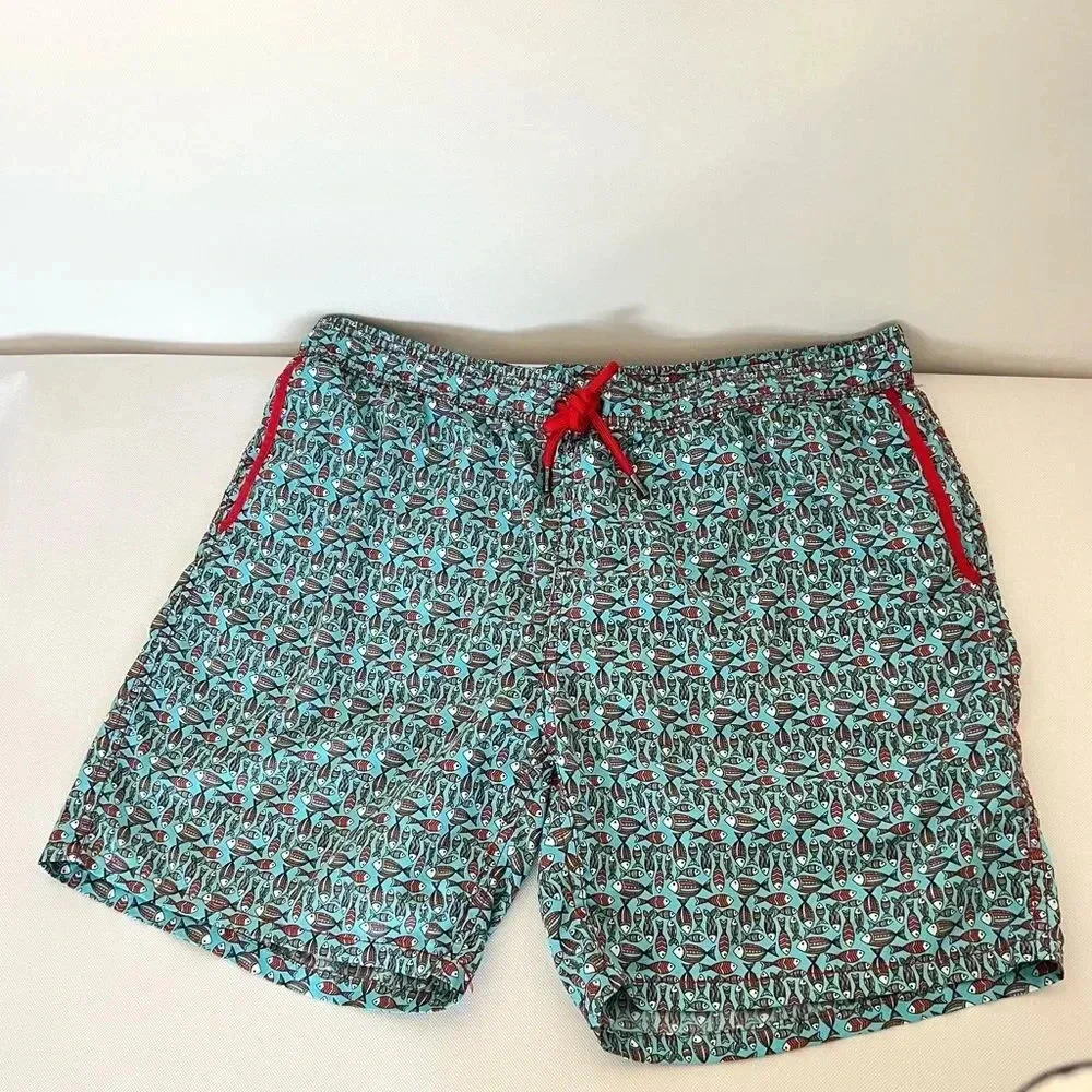Mr. Swim Size XLarge Swim Trunks Mesh Lined Blue/Red Fish Print 6" Inseam